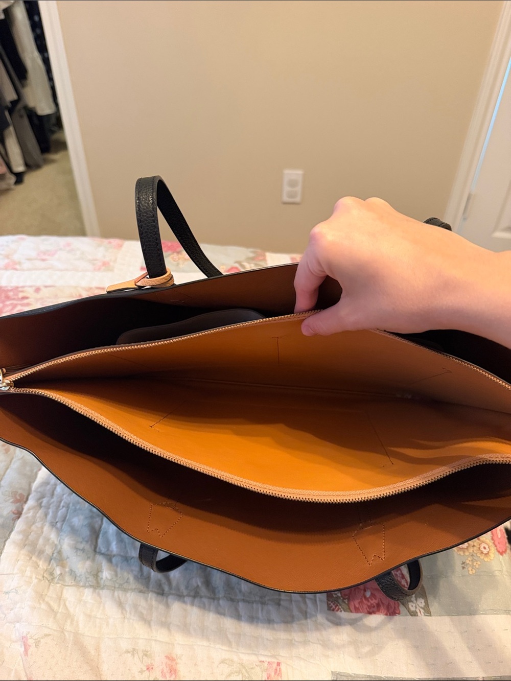 Tory Burch Black Leather Tote with Tan Tag - Picture 9 of 9